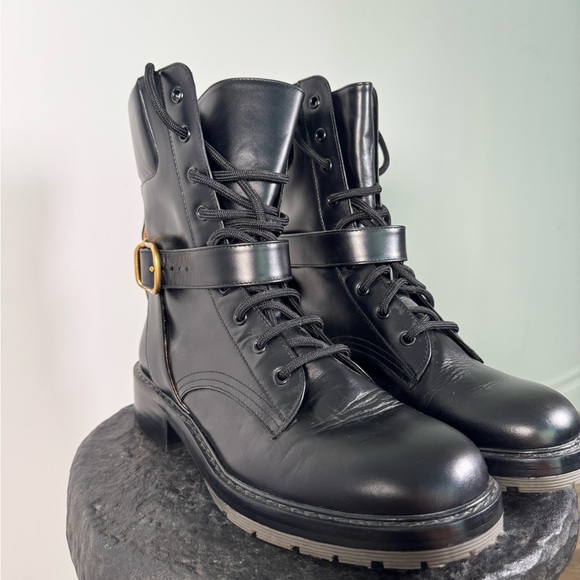 Chloe Diane Black Leather Lace up Combat Boots with Gold Buckle Size 9 - Picture 3 of 12